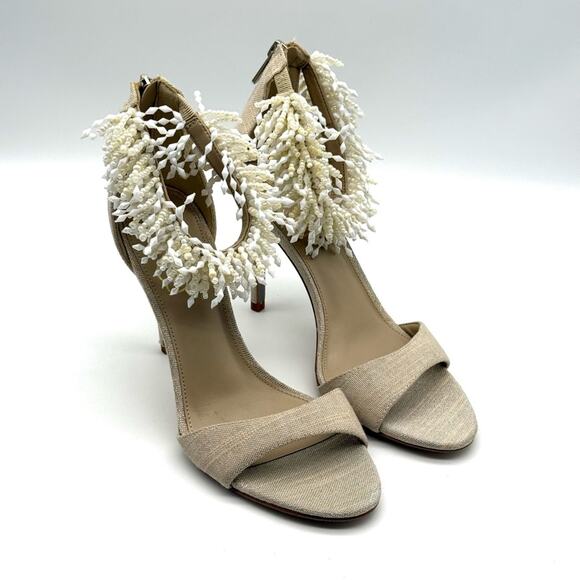 Sam Edelman Gillie Ankle Strap Sandal Heel Sand Linen Beaded 8 - Picture 2 of 11